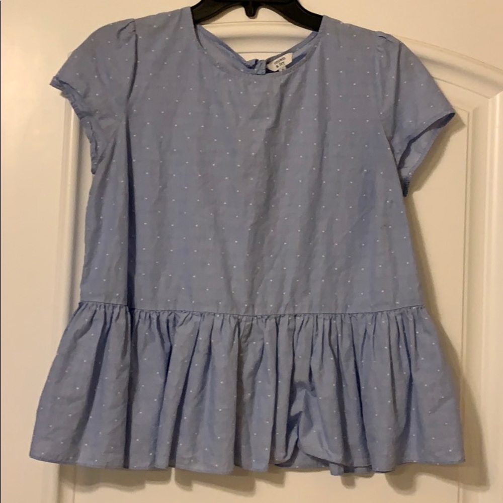 Tie back, blue and white polka dot peplum top